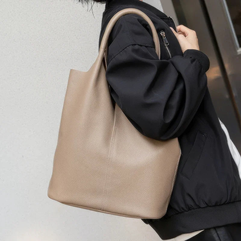 Genuine Leather Bucket Tote Bag for Women