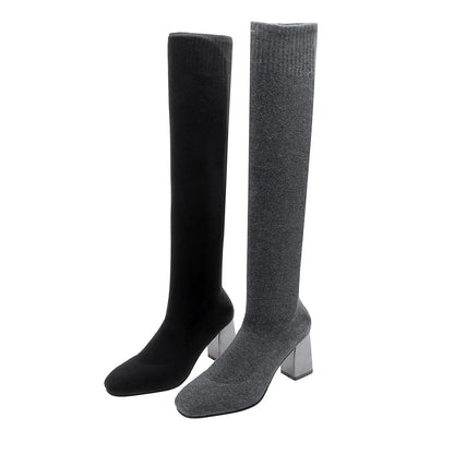 Women's Over-the-Knee Knit Boots – Elastic Block Heel