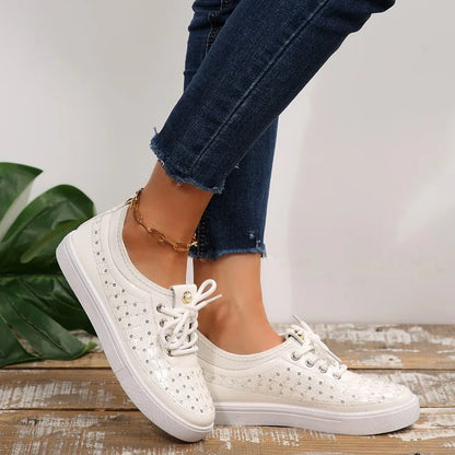 Women's Floral Lace Sneakers – Rhinestone Lace-Up Casual Flat Shoes