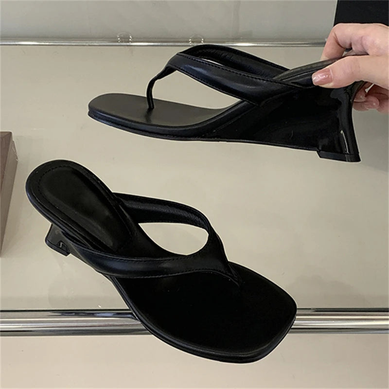 Women's Wedge Heel Flip Flop Sandals Square Toe