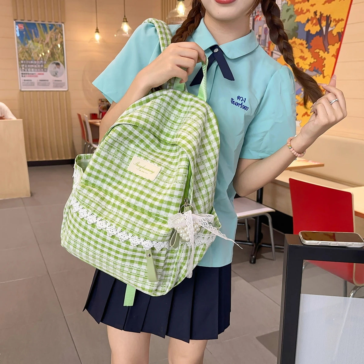 Cute Girls School Backpack – Large Capacity Plaid Daypack with Lace Trim