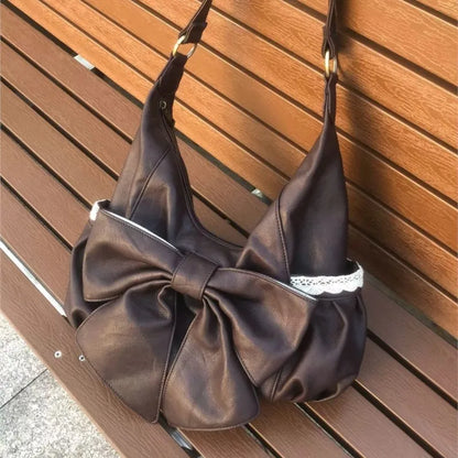 Korean Retro Bow Lace Tote Bag Women Brown Soft Leather Large Capacity