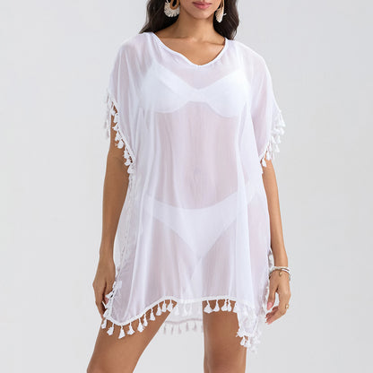 Tassel Trim Beach Cover-Up Dress – Sheer Swimsuit Coverup