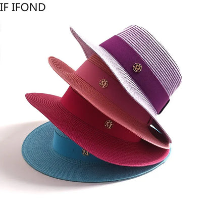 Women's Straw Sun Hat Flat Brim Ribbon Beach Hat
