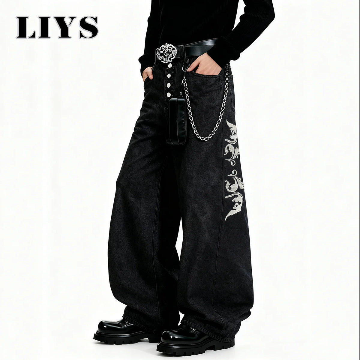 Men's Wide-Leg Black Baggy Jeans – Retro Hip Hop Streetwear Denim