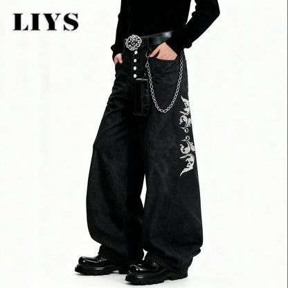Men's Wide-Leg Black Baggy Jeans – Retro Hip Hop Streetwear Denim
