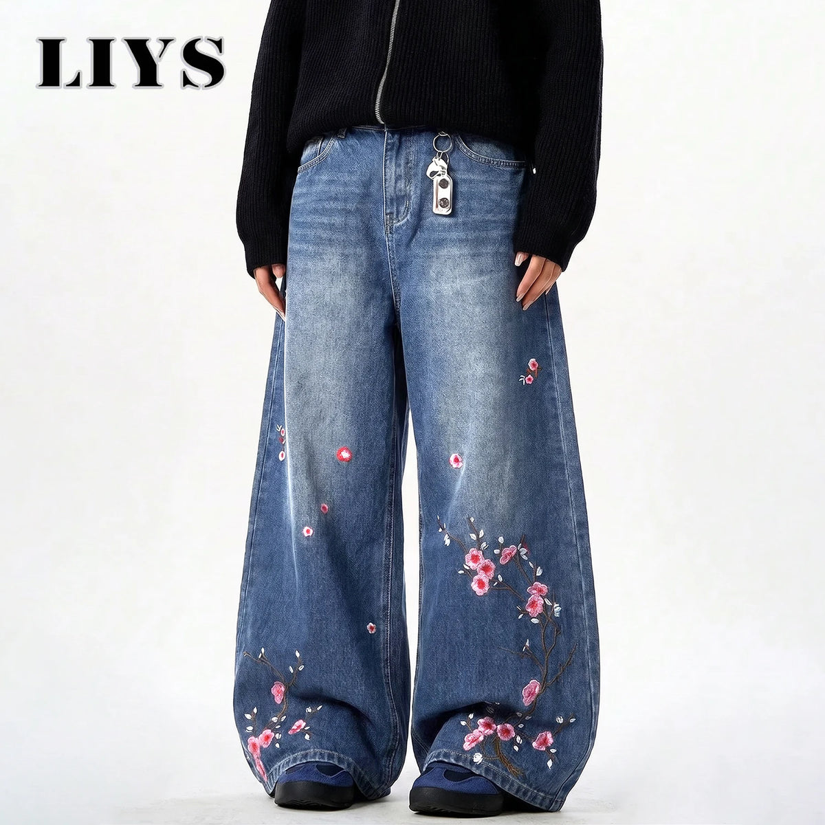 Plum Blossom Embroidered Baggy Jeans – Men's Wide Leg Denim