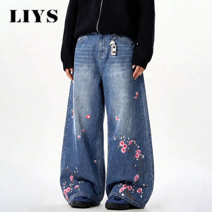 Plum Blossom Embroidered Baggy Jeans – Men's Wide Leg Denim