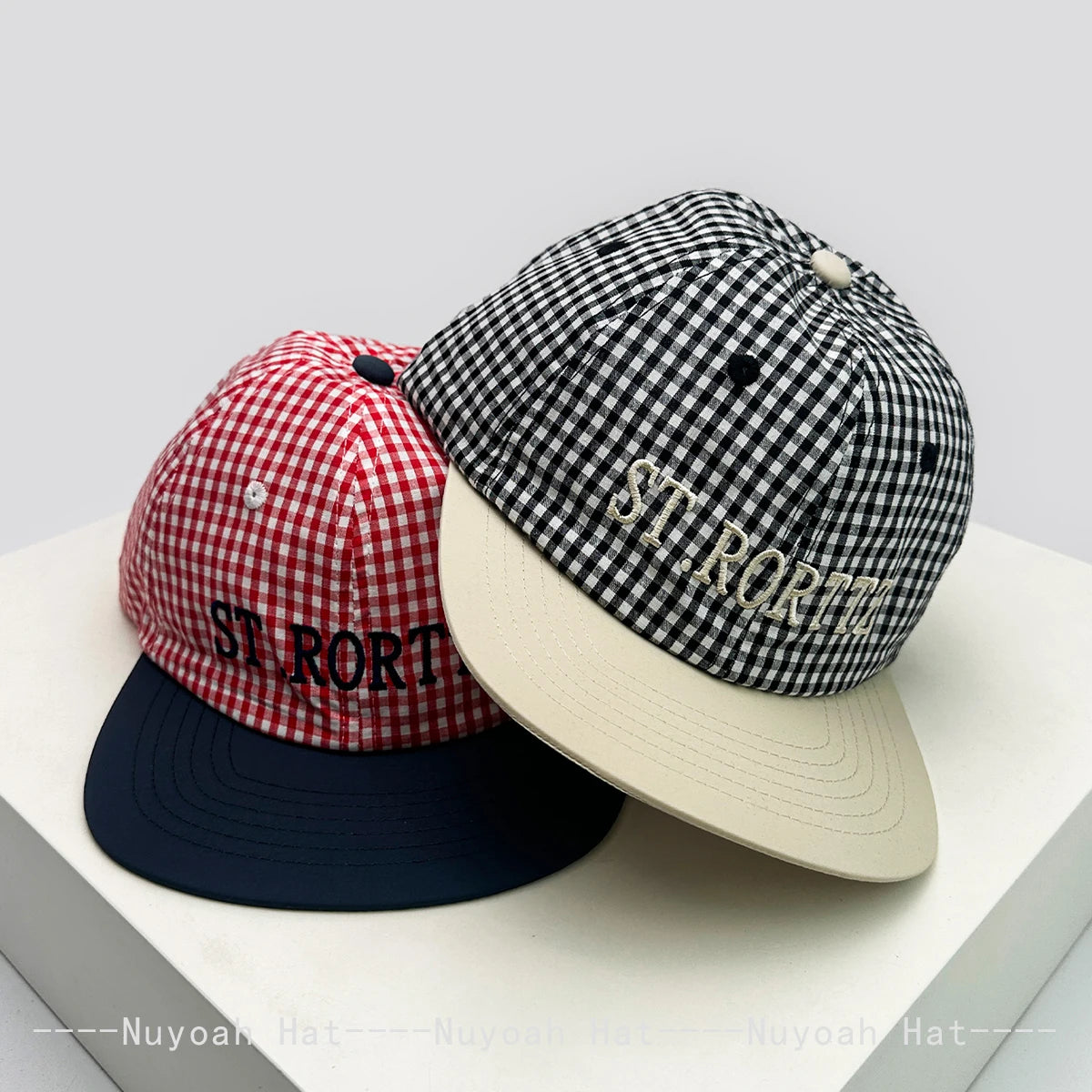 Plaid Flat Brim Baseball Cap – Unisex Sun Hat with Letter Embroidery