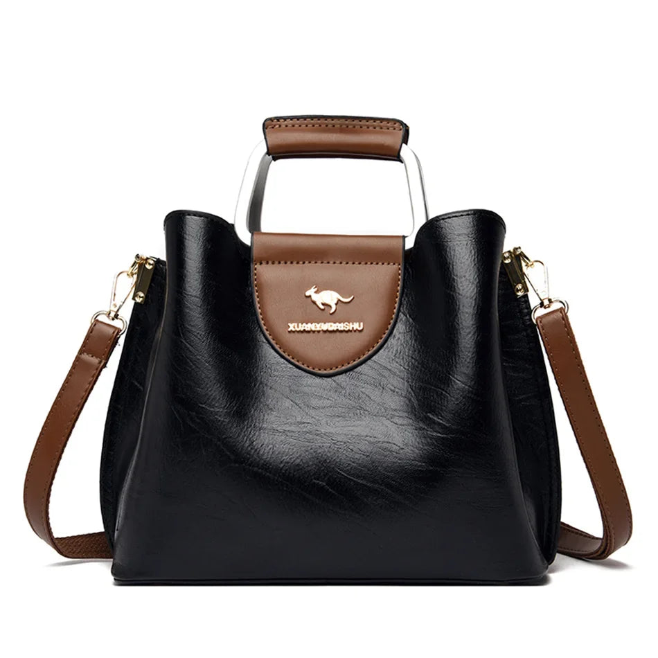 Luxury Oil Skin Leather Tote Bag for Women – 3-Layer Shoulder Handbag