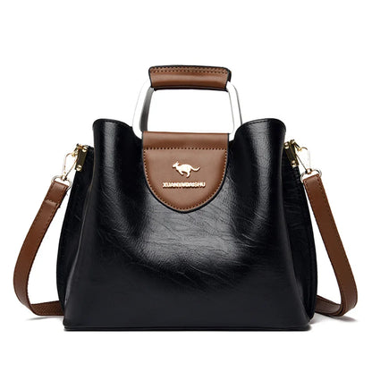 Luxury Oil Skin Leather Tote Bag for Women – 3-Layer Shoulder Handbag