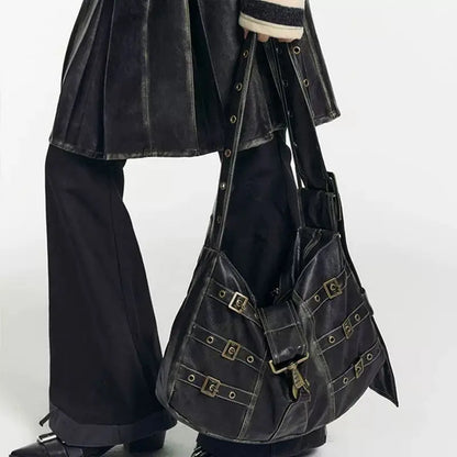 Vintage Rivet Black Handbag Women Y2k Grunge Leather