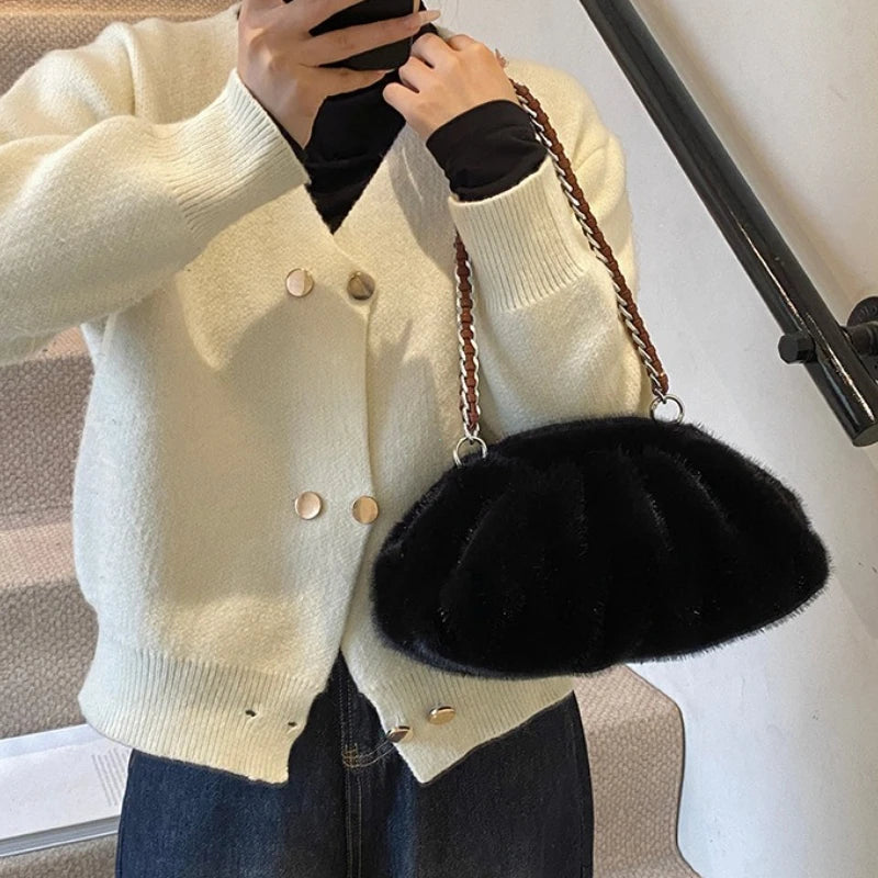 Pleated Design Faux Fur Shoulder Bags