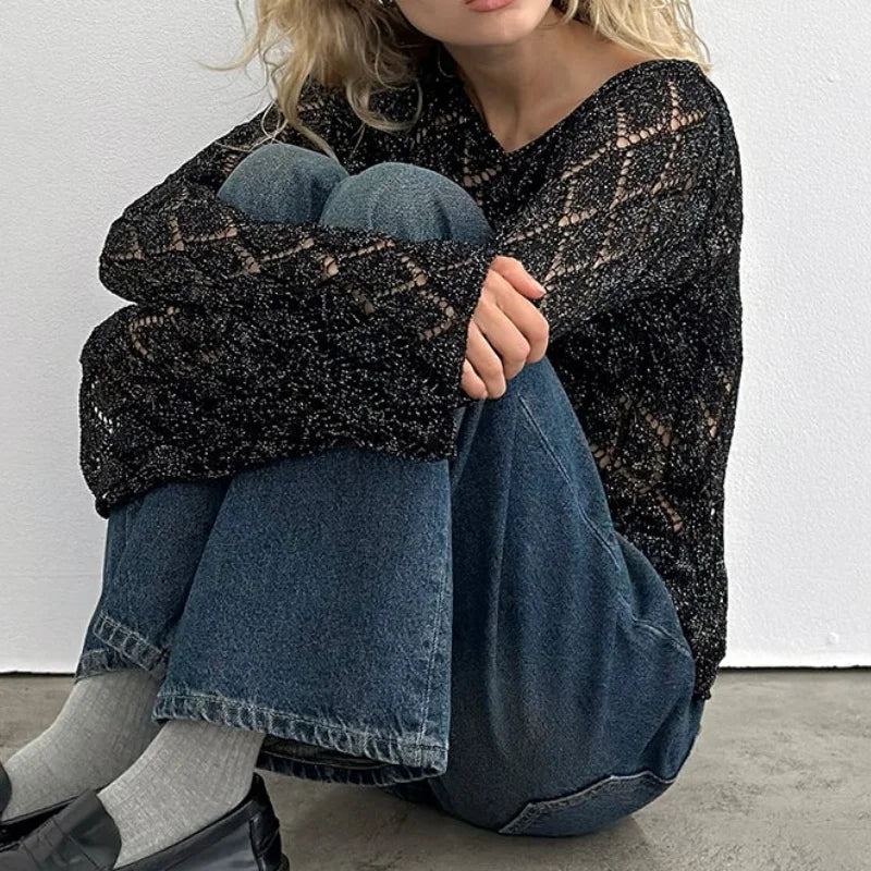 Crochet Mesh Top Women – Sheer Glitter Long Sleeve Shirt