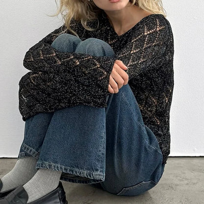 Crochet Mesh Top Women – Sheer Glitter Long Sleeve Shirt