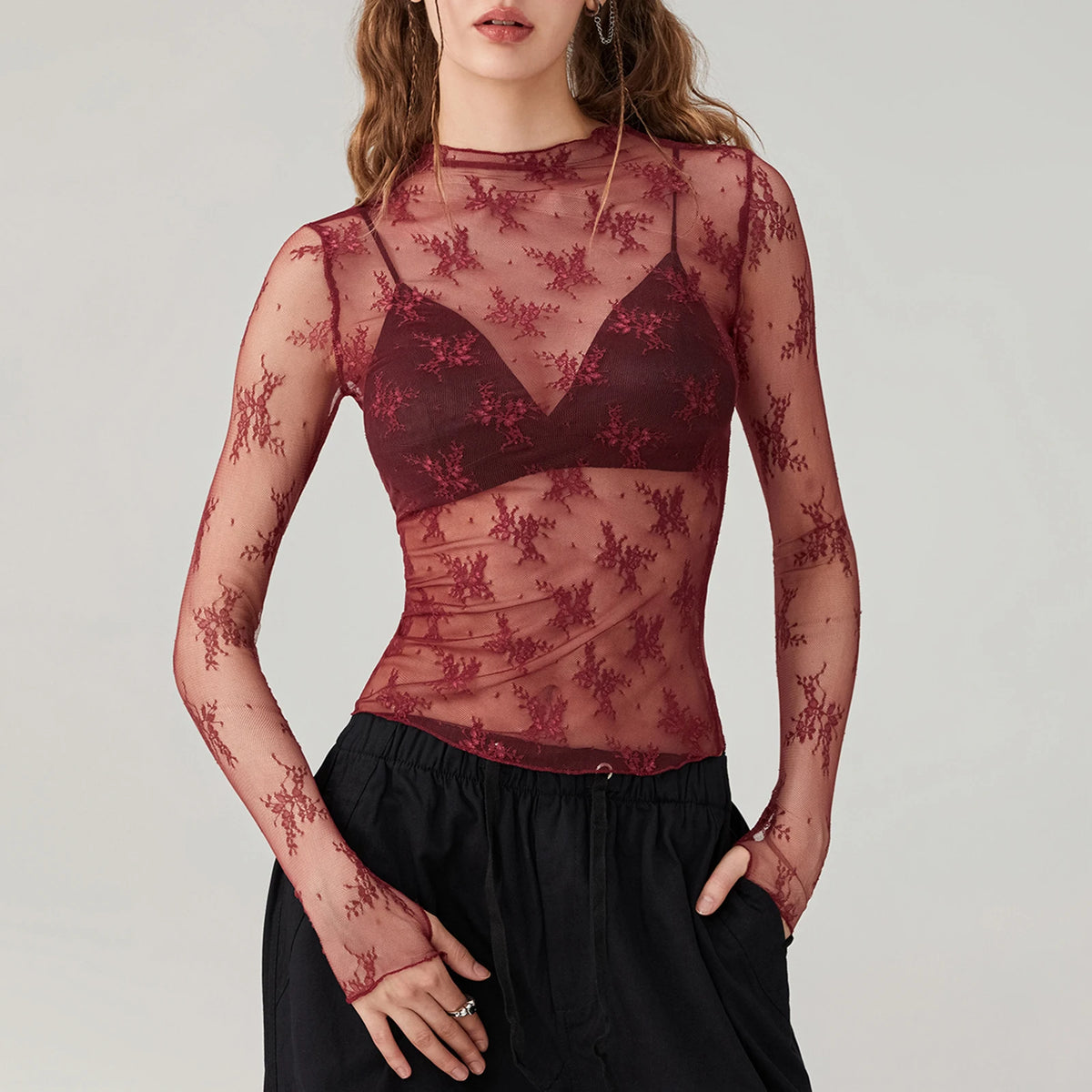 Sheer Mesh Floral Top Women Long Sleeve Crew Neck Slim Fit Pullover