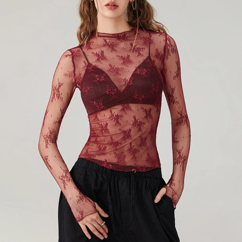 Sheer Mesh Floral Top Women Long Sleeve Crew Neck Slim Fit Pullover