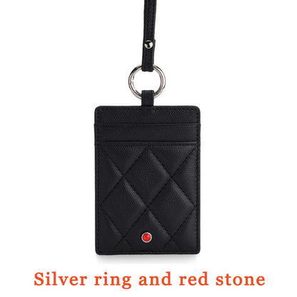 Hiram Beron Luxury Leather ID Card Holder with Neck Strap & Gemstone