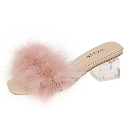 Summer Fluffy Peep Toe Sexy Heels Women Shoes Fur Feather Lady Wedding Slip-On Pink Square Sandals