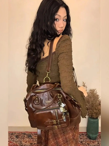 Retro Brown Large Capacity Purse Women Vintage Leather  Aesthetic
