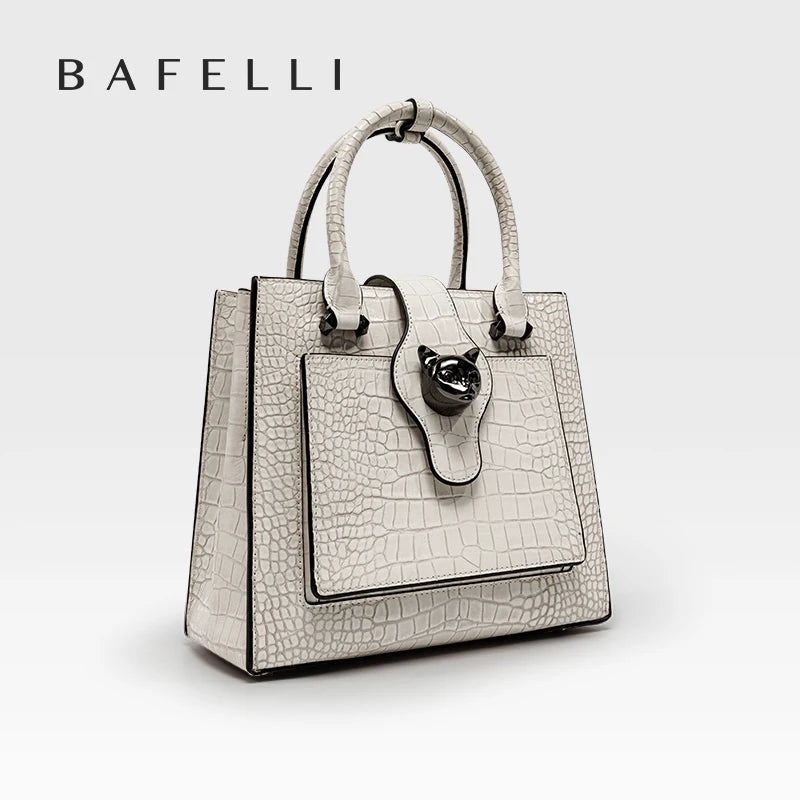 Genuine Leather Crossbody Tote Bag with Cat Hardware – Croc Embossed