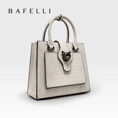 Genuine Leather Crossbody Tote Bag with Cat Hardware – Croc Embossed