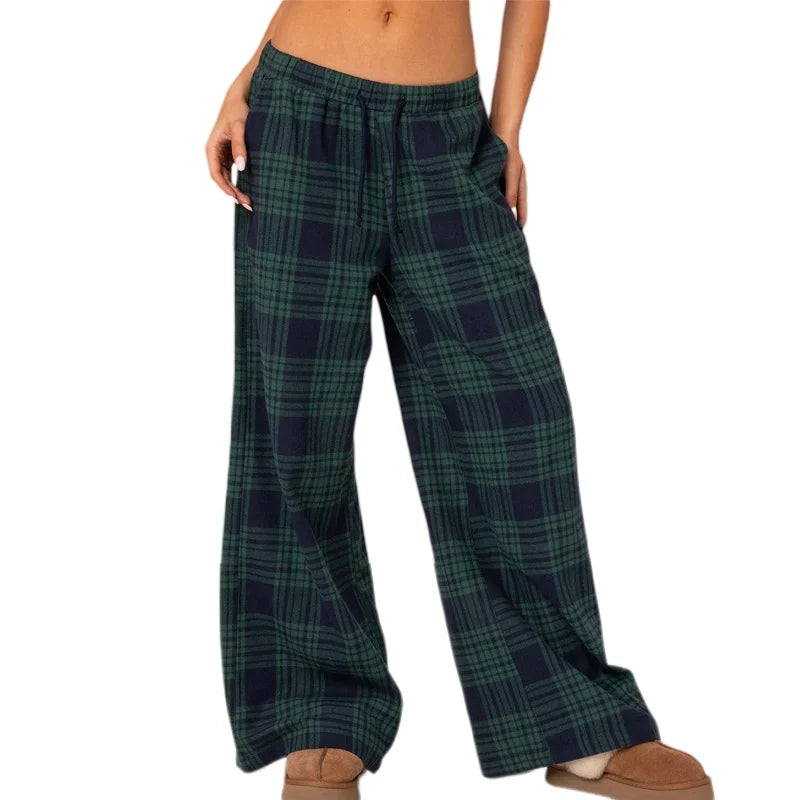 Women's Plaid Baggy Pants Elastic Waist Drawstring Lounge Trousers