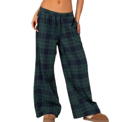 Women's Plaid Baggy Pants Elastic Waist Drawstring Lounge Trousers