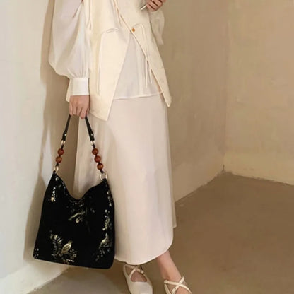 Vintage Landscape Embroidery Black Handbag