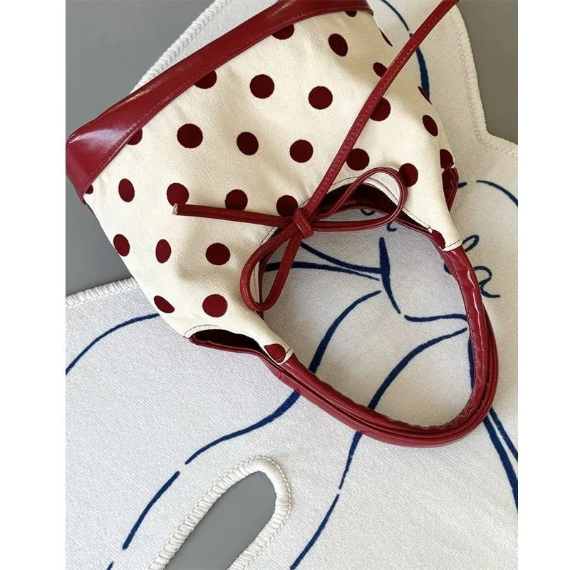 Retro Dot Red Handbag Women Versatile Bow Large Capacity