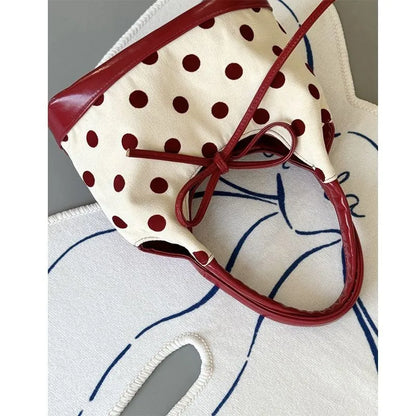 Retro Dot Red Handbag Women Versatile Bow Large Capacity