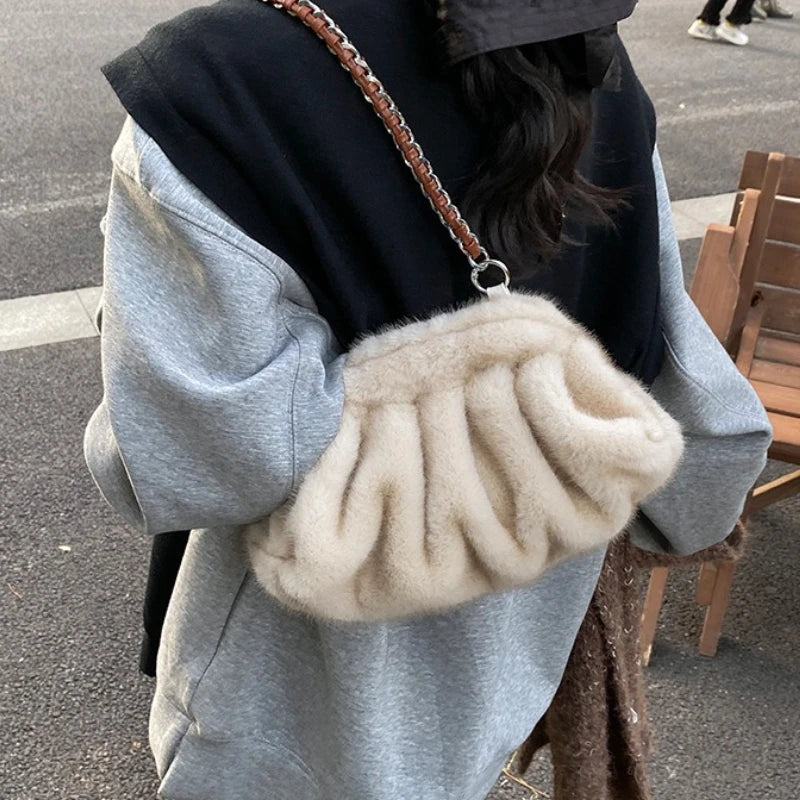 Pleated Design Faux Fur Shoulder Bags