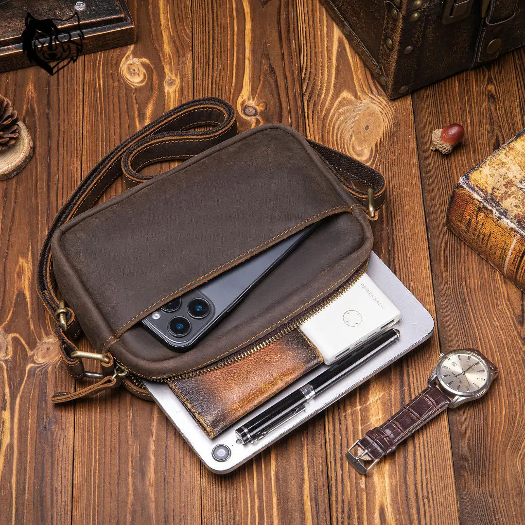 Men's Leather Crossbody Bag - Genuine Crazy Horse Messenger Bag
