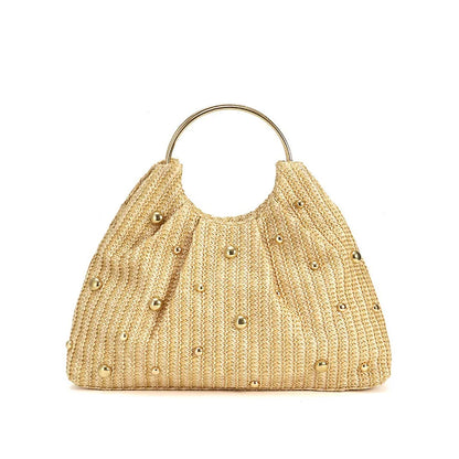 Boho Beaded Straw Handbag Elegant Circle Handle Clutch