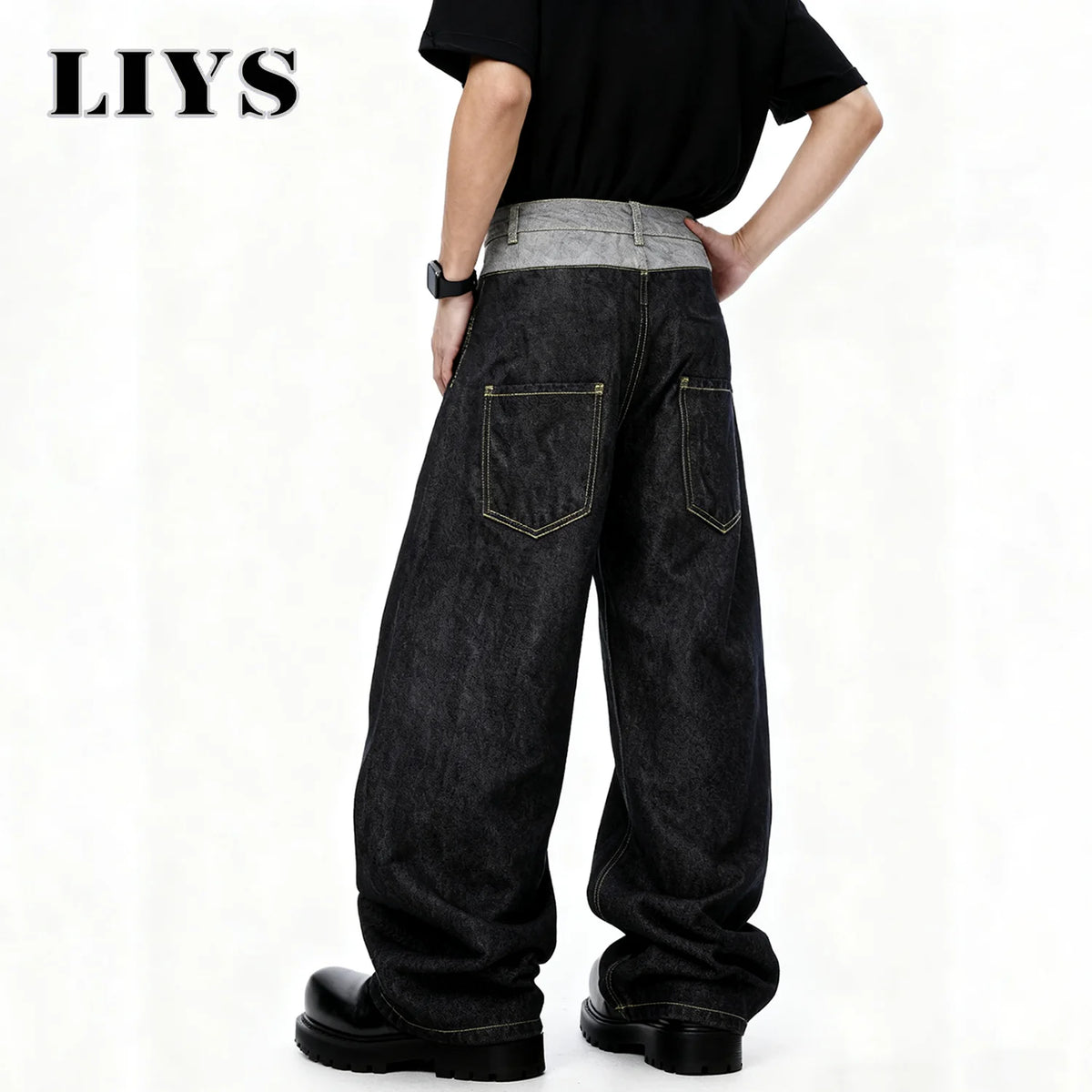 Liys Men S Retro Double Waist Design Baggy Wide Leg Jeans Street Denim Pants Gothic Loose Machete