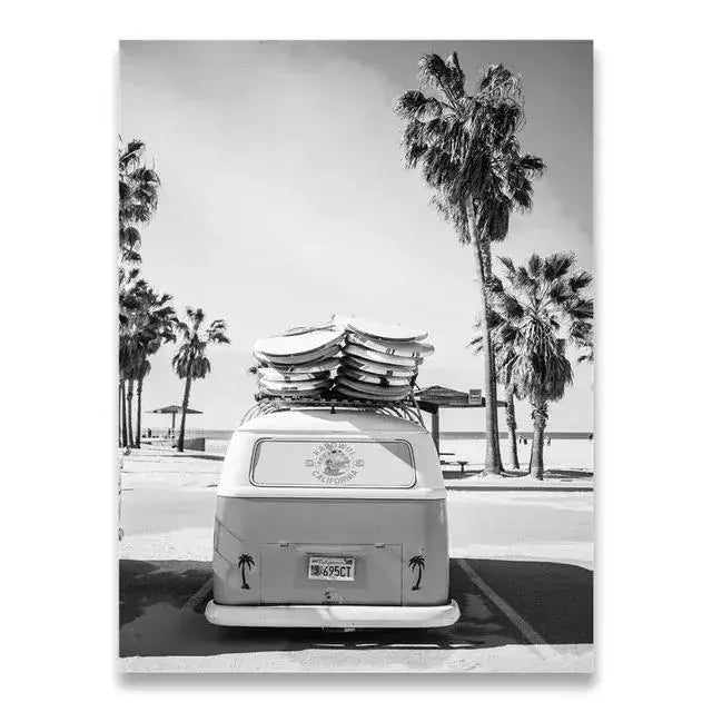 Beach Surf Wall Art Poster – Camper Van & Ocean Landscape