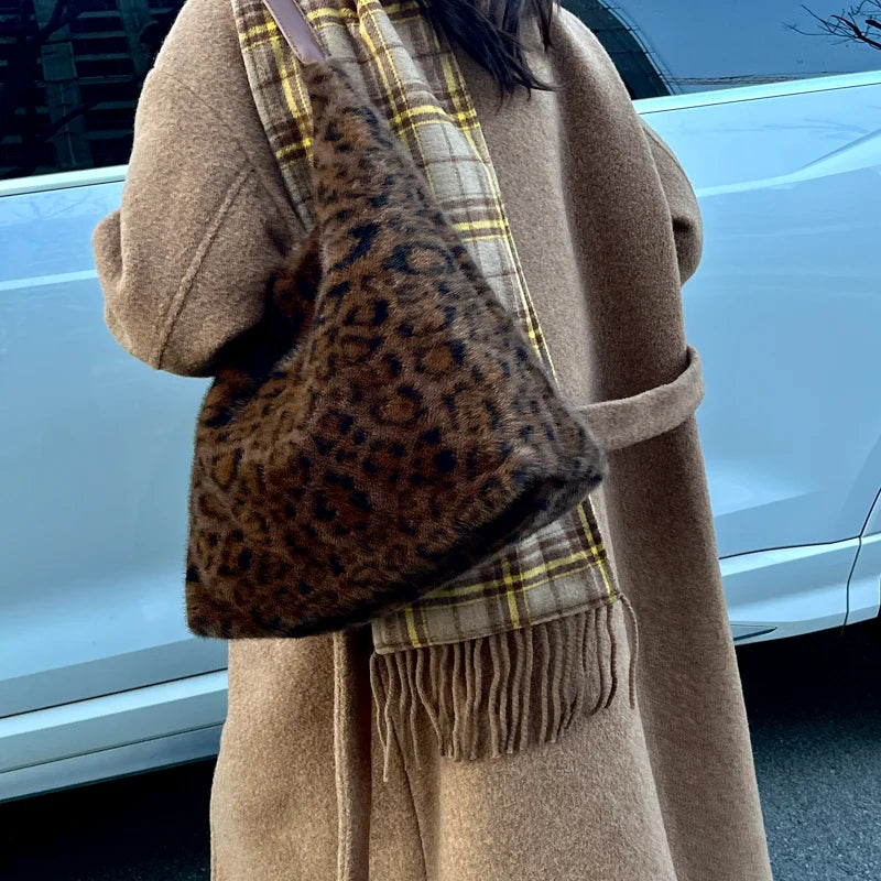 Leftside Soft Warm Faux Fur Leopard Shoulder Bags Women Winter Korean Handbags Trend Hobo Bag - Soft