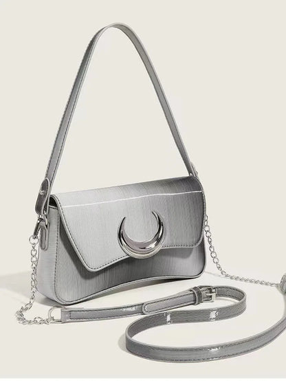 Y2K Silver Half-Moon Handbag – Women's Chain Shoulder Bag