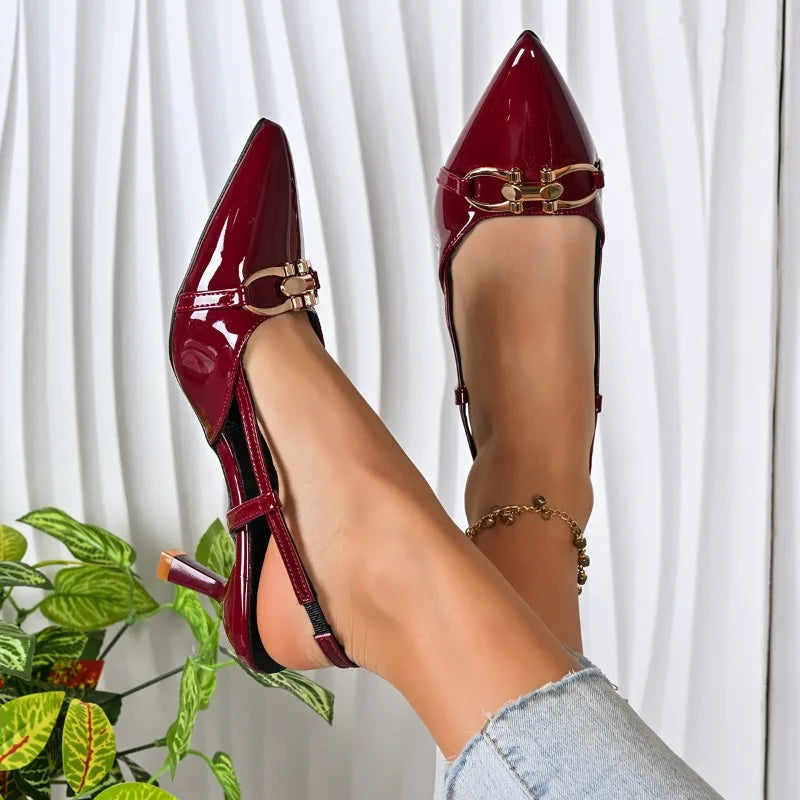 Pointed Toe Slingback Pumps – Patent Leather Mid Heel Sandals