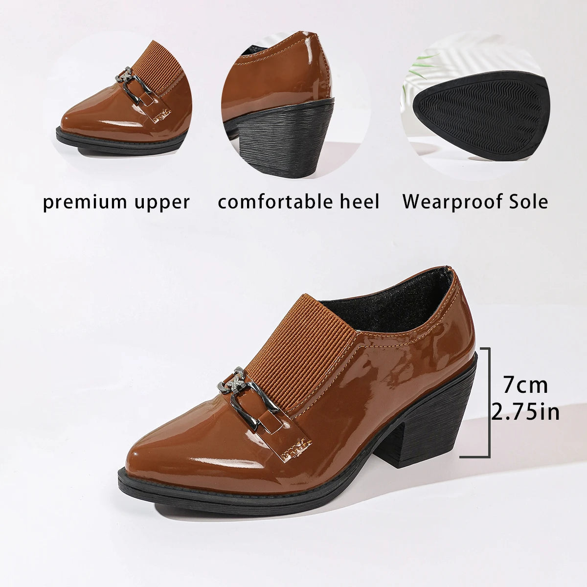Women's Pointed Toe Block Heel Shoes – British Style Patent Leather