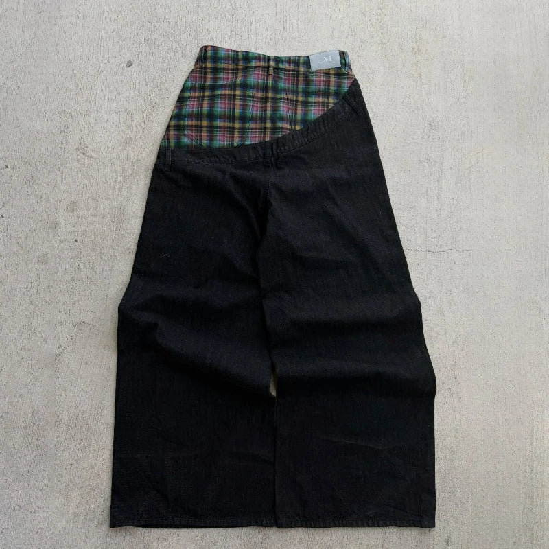 Y2K Plaid Patchwork Baggy Jeans – Retro Wide Leg Denim Pants