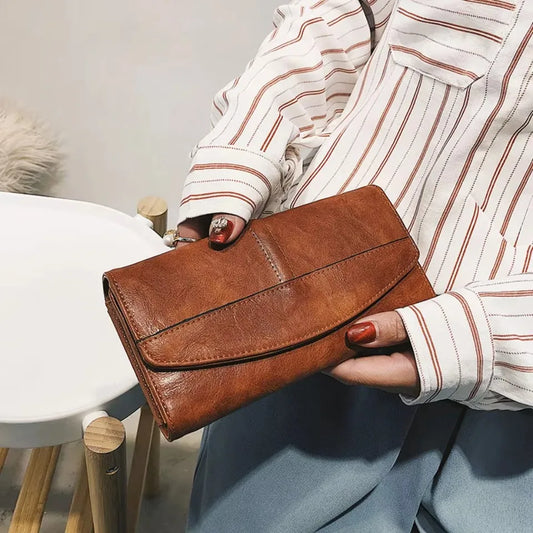 Vintage Trifold Wallet – Women's Long PU Leather Clutch