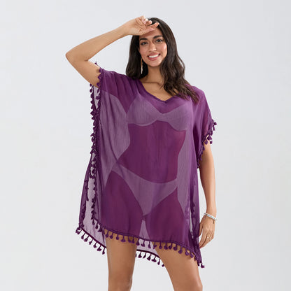 Tassel Trim Beach Cover-Up Dress – Sheer Swimsuit Coverup