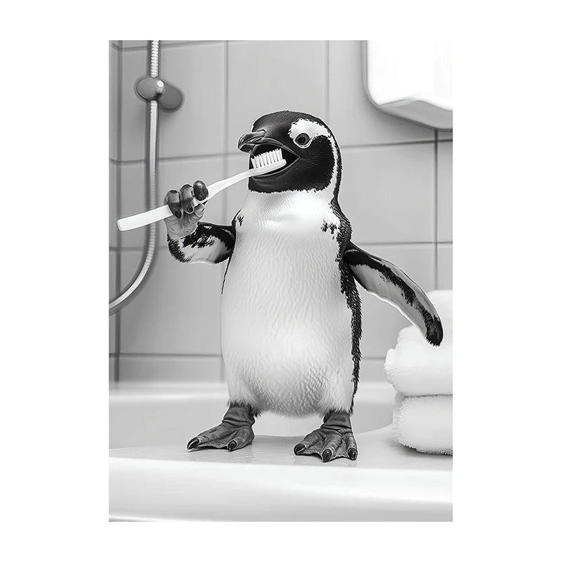 Funny Animal Bathroom Wall Art Poster – Black & White Vintage Print