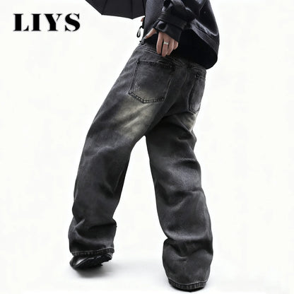 Baggy Wide-Leg Jeans Dark Gray – LIYS Unisex Retro Oversized Denim