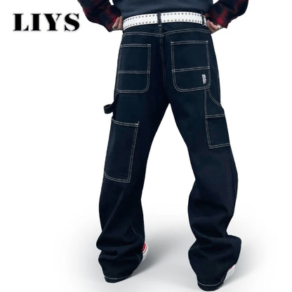 Retro Black Cargo Denim Jeans Men – Straight Leg Korean Streetwear Pants