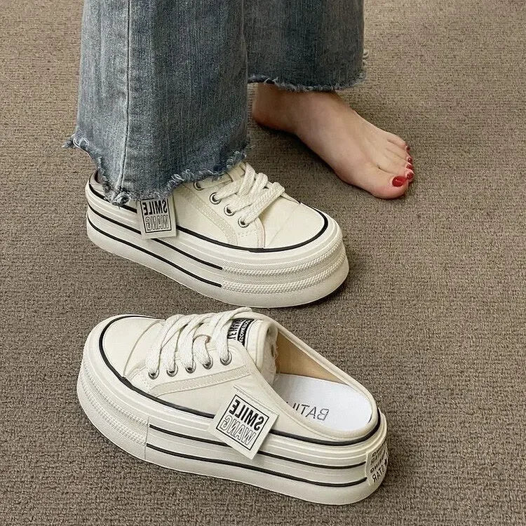 Platform Canvas Slip-On Mule Sneakers with Thick Sole