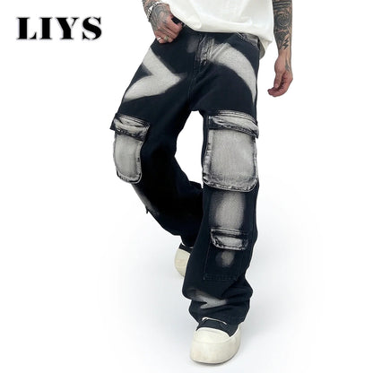 Tie-Dye Wide Leg Cargo Jeans – Men's Streetwear Hip Hop Pants