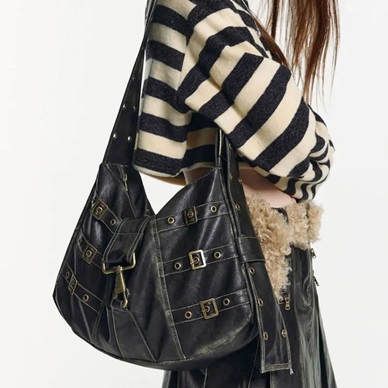 Vintage Rivet Black Handbag Women Y2k Grunge Leather