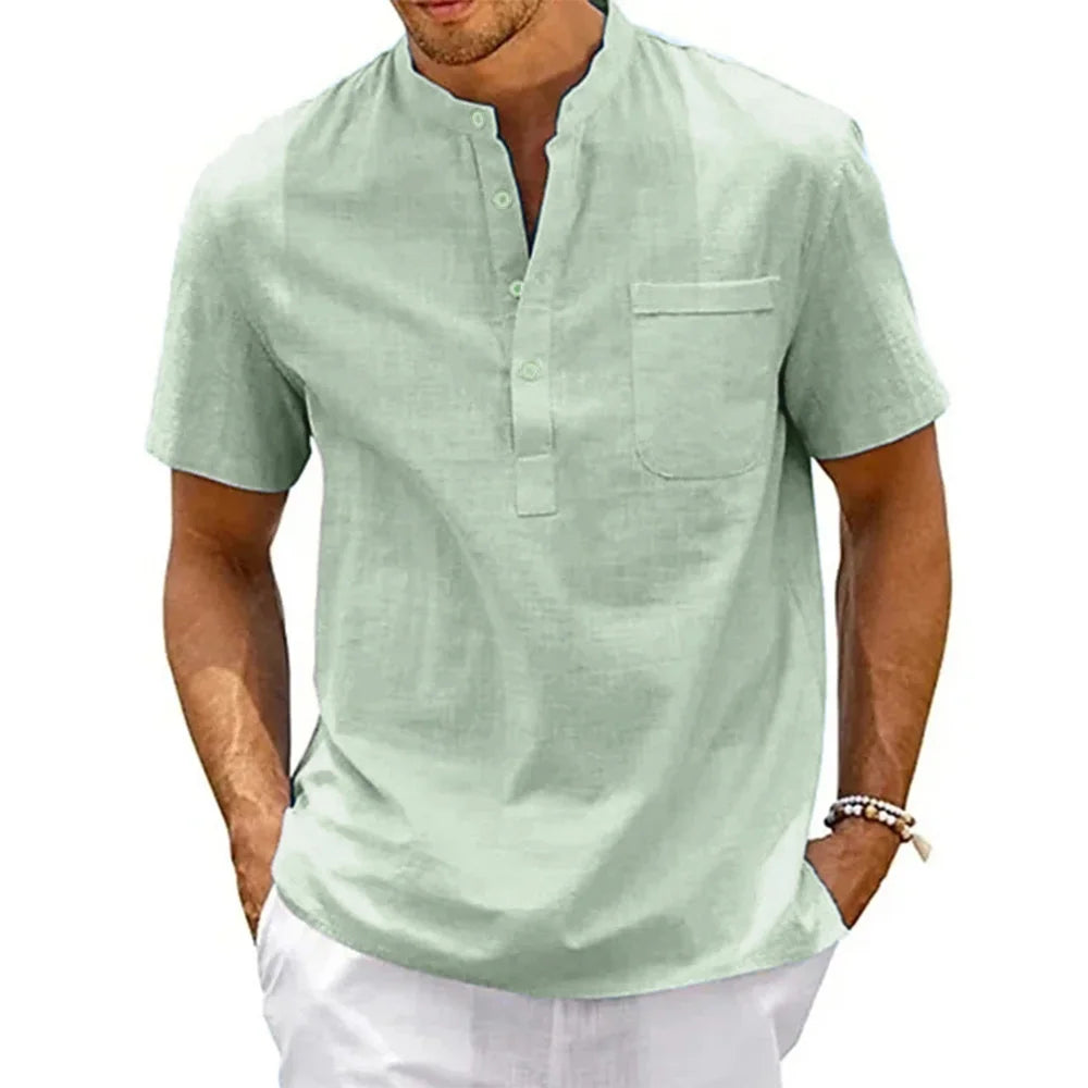 Men's Cotton Linen Henley Shirt – Short Sleeve Beach Top with Pocket